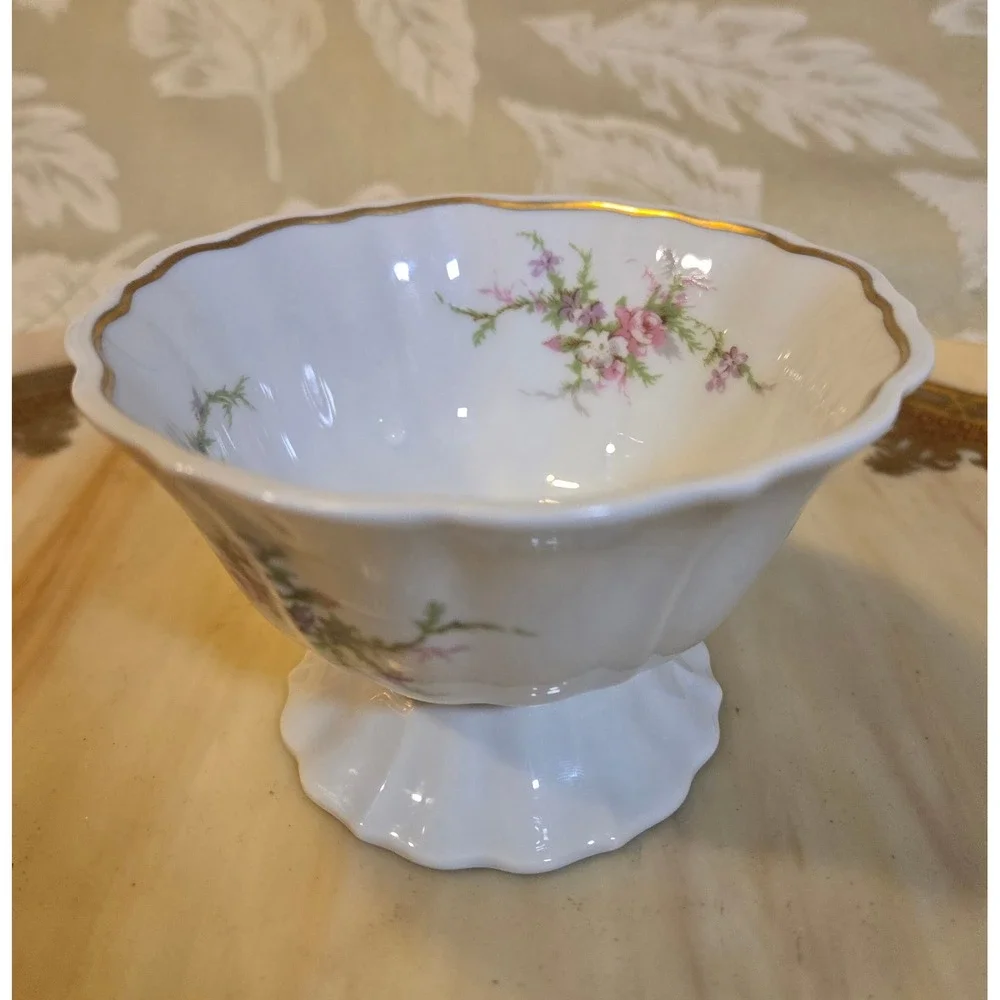 Haviland Limoges France Footed Bowl Pink Floral Gold Trim Scalloped Porcelain 3